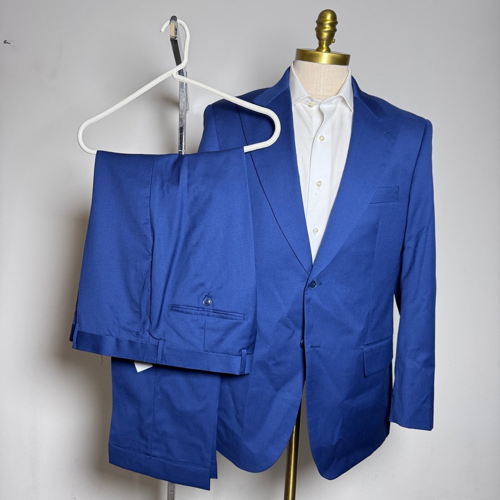 Linea Uomo Suit Mens 42R 35x29.5 Blue Solid 100% Wool 2-Button Flat Front